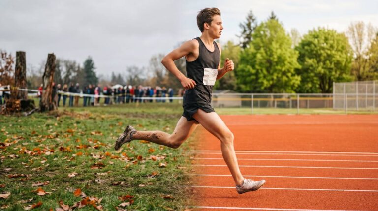 High school runner striding from a muddy cross country course onto a spring track