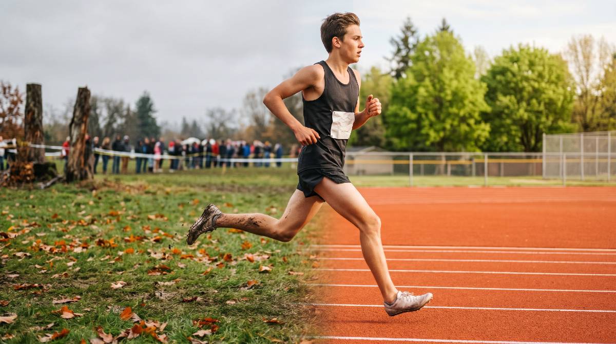 High school runner striding from a muddy cross country course onto a spring track