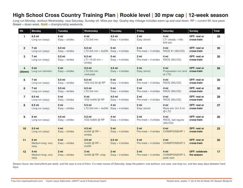 Page one of the high school cross country training plan PDF, the twelve week day-by-day grid