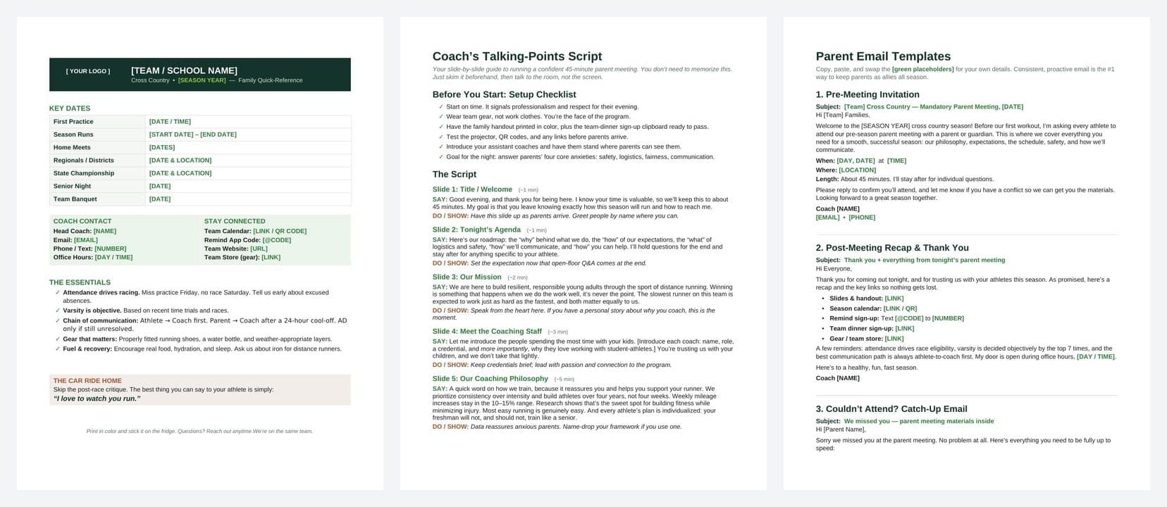 First pages of the family handout, the talking-points script and the email templates
