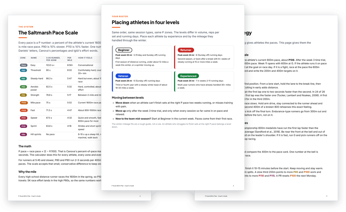 Coach's Guide inside pages on the P-Scale, placing athletes and 800m race strategy.